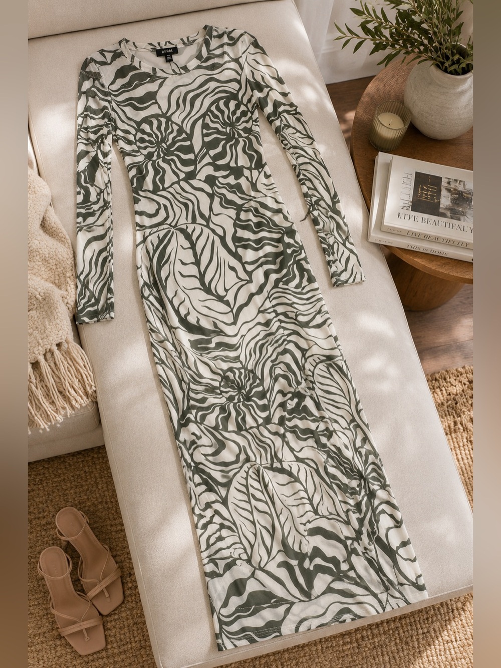 NWT AFRM Tonal Shell Floral Mesh Long Sleeve Maxi Dress Green Cream M
